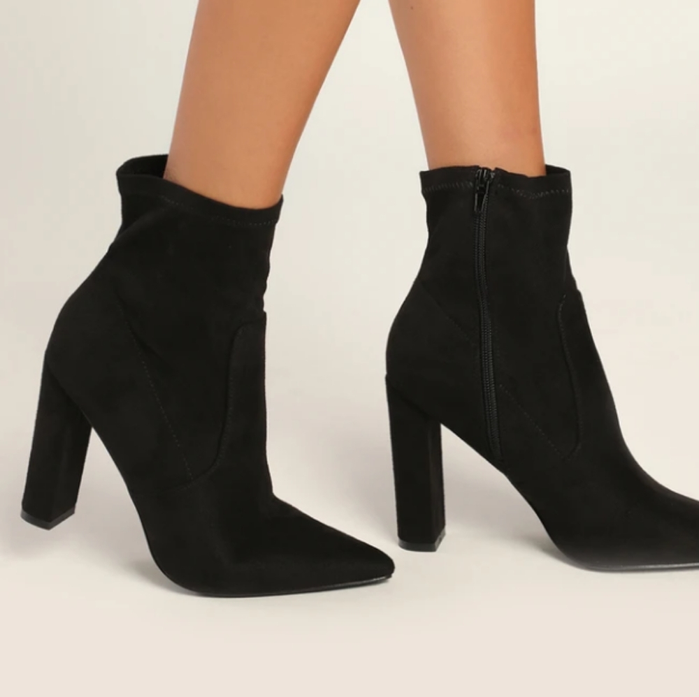 LuLu's Welden black suede pointed toe high heel booties.
